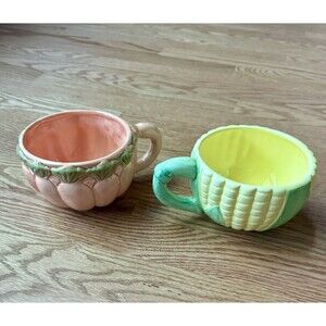 Vintage Majolica Soup Bowls with Handles Carrots & Corn Ceramic Set Of 2 Vegan!